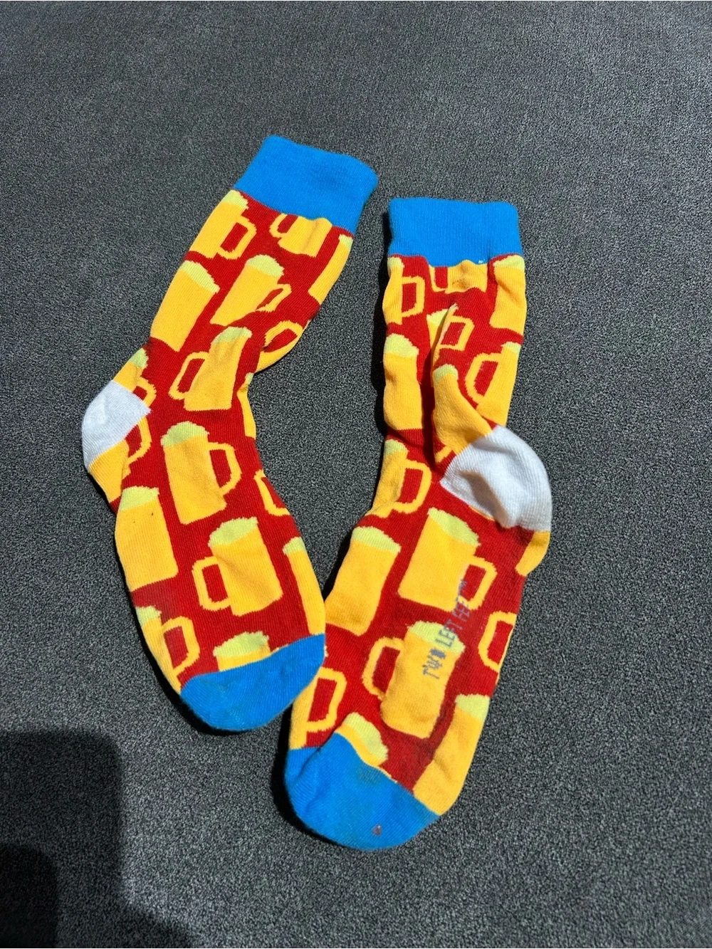 Bright Beer Mug Pattern Crew Socks - Yellow & Red- worn once- women’s 5-10